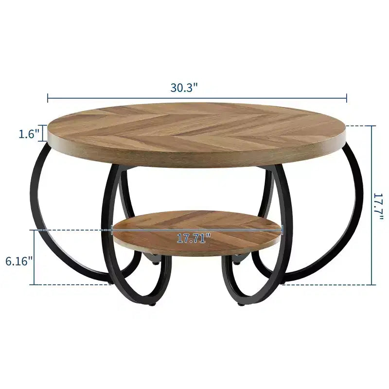 Tavolino Industriale Rotondo da 30 Pollici a 2 Livelli con Piedini Regolabili Ripiano Effetto Legno Design Fiamma Facile da Montare Soggiorno