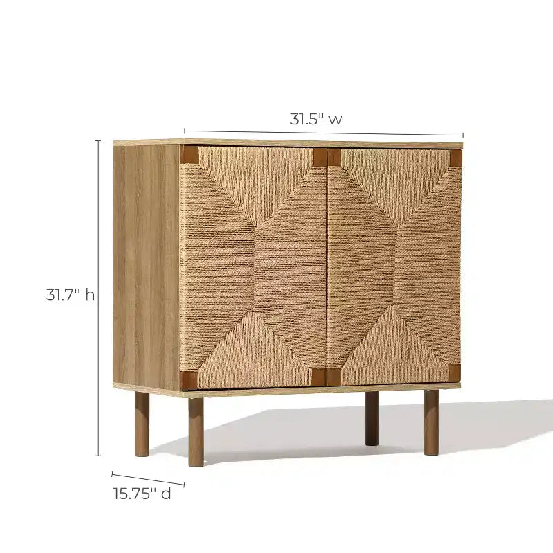 Credenza Mid-Century Modern con 2 ante in corda e gambe in legno, colore naturale