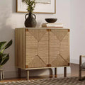 Credenza Mid-Century Modern con 2 ante in corda e gambe in legno, colore naturale