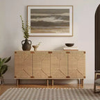 Credenza Mid-Century Modern con 2 ante in corda e gambe in legno, colore naturale