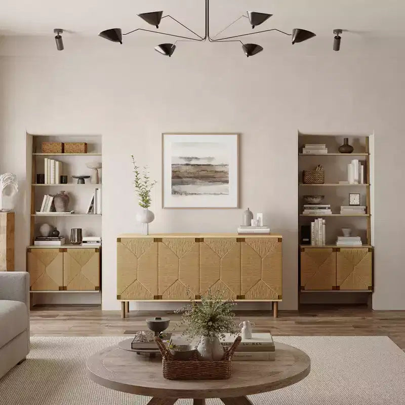 Credenza Mid-Century Modern con 2 ante in corda e gambe in legno, colore naturale