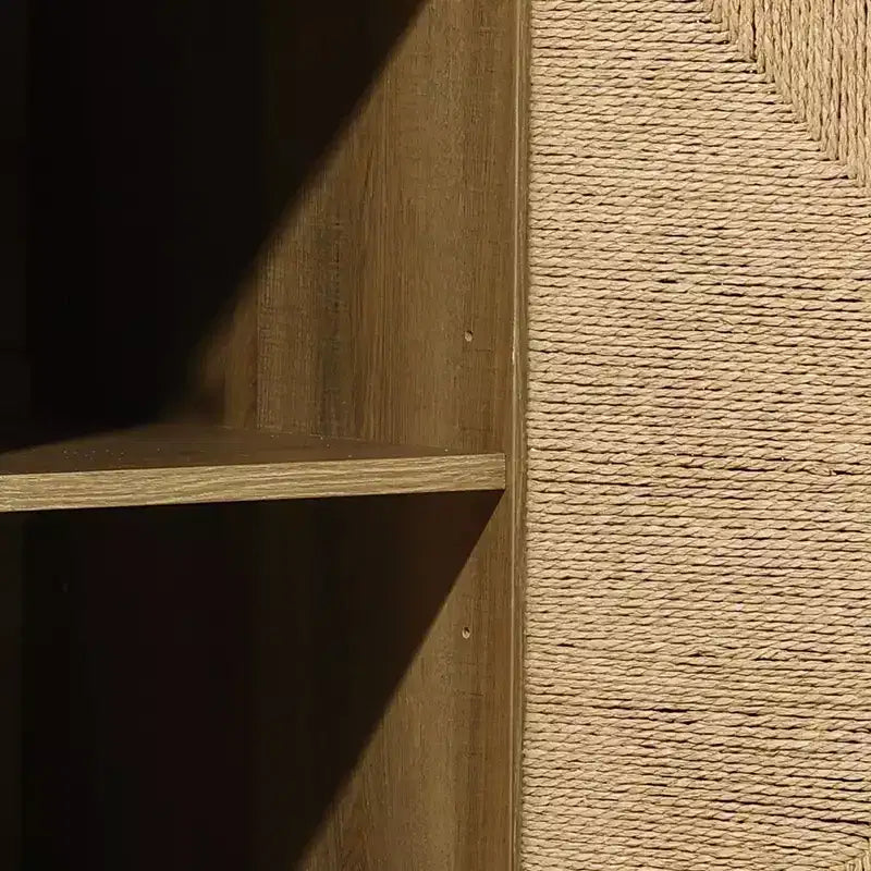Credenza Mid-Century Modern con 2 ante in corda e gambe in legno, colore naturale