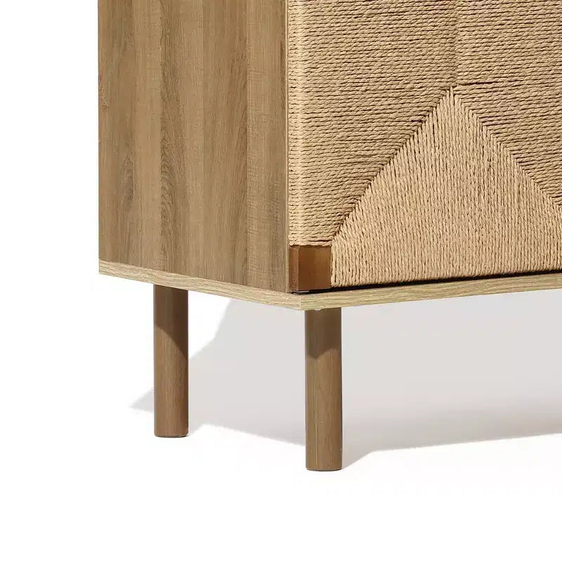 Credenza Mid-Century Modern con 2 ante in corda e gambe in legno, colore naturale