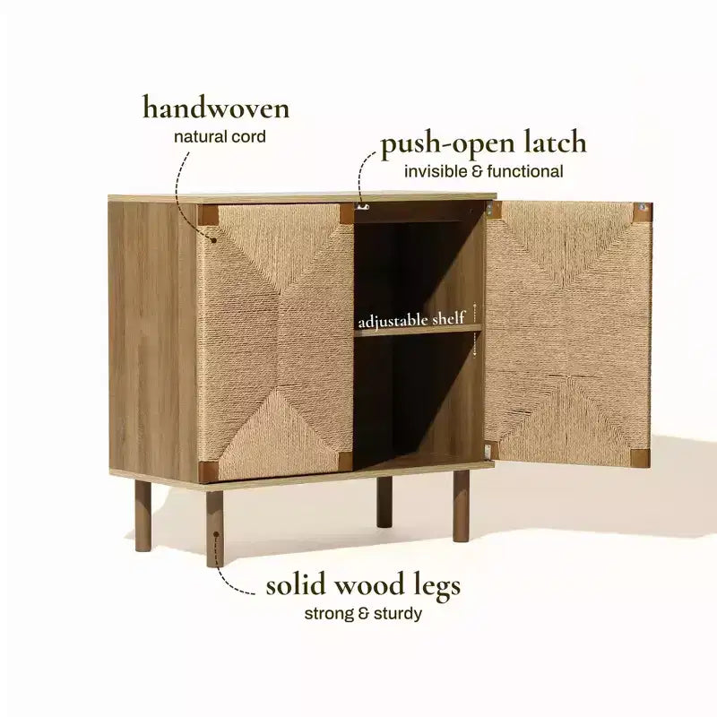 Credenza Mid-Century Modern con 2 ante in corda e gambe in legno, colore naturale