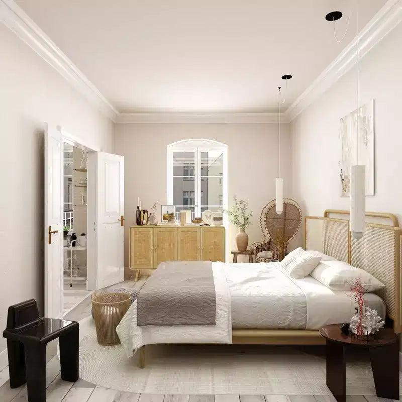 Mobile Contenitore di Ispirazione Boho con Ante in Rattan Intrecciato e Maniglie Dorate - Versatile per Camera da Letto, Studio, Ristorante e Soggiorno