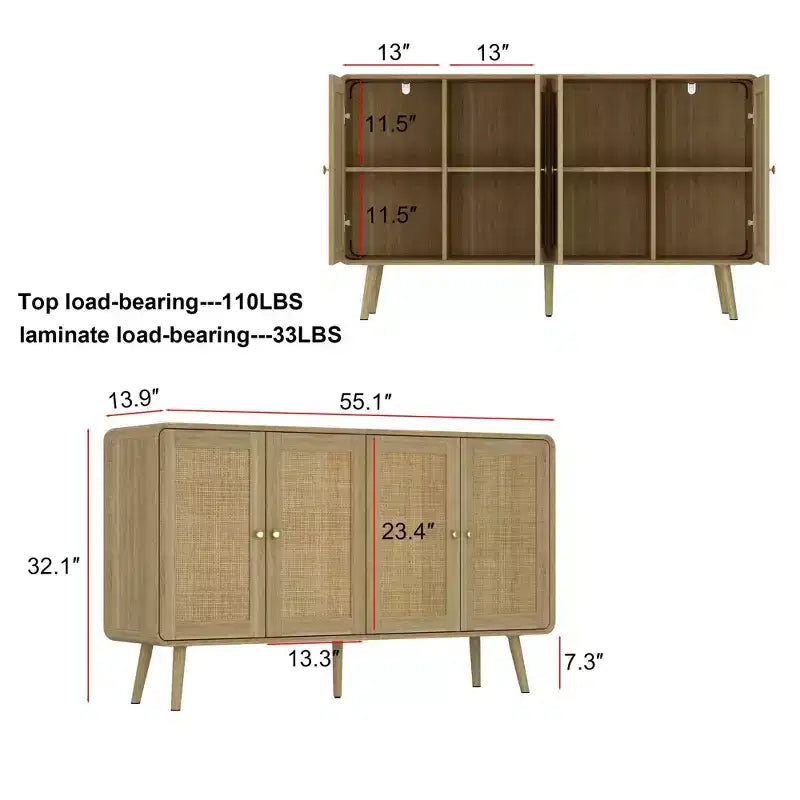 Mobile Contenitore di Ispirazione Boho con Ante in Rattan Intrecciato e Maniglie Dorate - Versatile per Camera da Letto, Studio, Ristorante e Soggiorno
