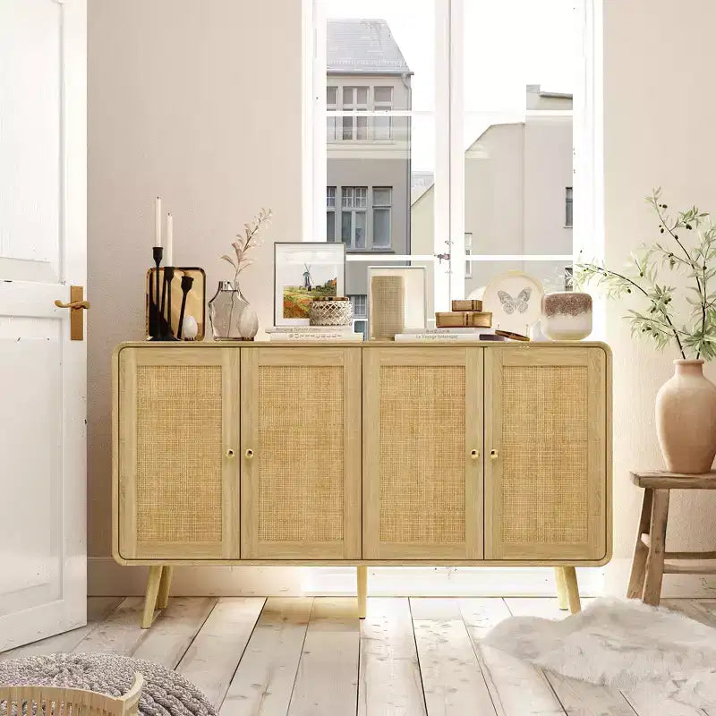 Mobile Contenitore di Ispirazione Boho con Ante in Rattan Intrecciato e Maniglie Dorate - Versatile per Camera da Letto, Studio, Ristorante e Soggiorno