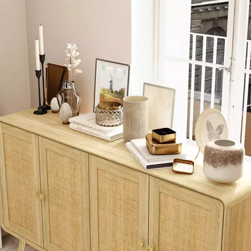 Mobile Contenitore di Ispirazione Boho con Ante in Rattan Intrecciato e Maniglie Dorate - Versatile per Camera da Letto, Studio, Ristorante e Soggiorno