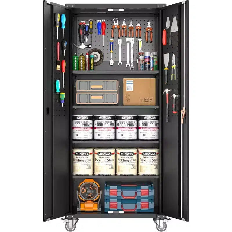 Garage Storage Cabinet with Wheels & Pegboard, 72 H Locking Metal Storage Cabinet with 2 Doors & 4 Adjustable Shelves for Garage Workshop