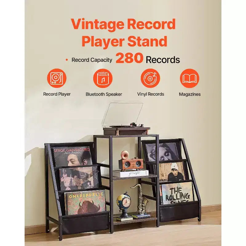 Supporto per giradischi, supporto per dischi in vinile a 3 livelli in metallo, contiene fino a 280 album, supporto per giradischi con porta dischi e scaffale espositore per vinili, nero