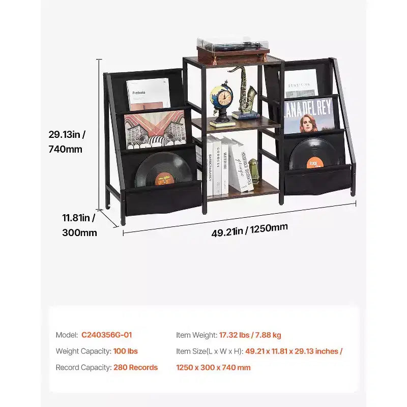 Supporto per giradischi, supporto per dischi in vinile a 3 livelli in metallo, contiene fino a 280 album, supporto per giradischi con porta dischi e scaffale espositore per vinili, nero