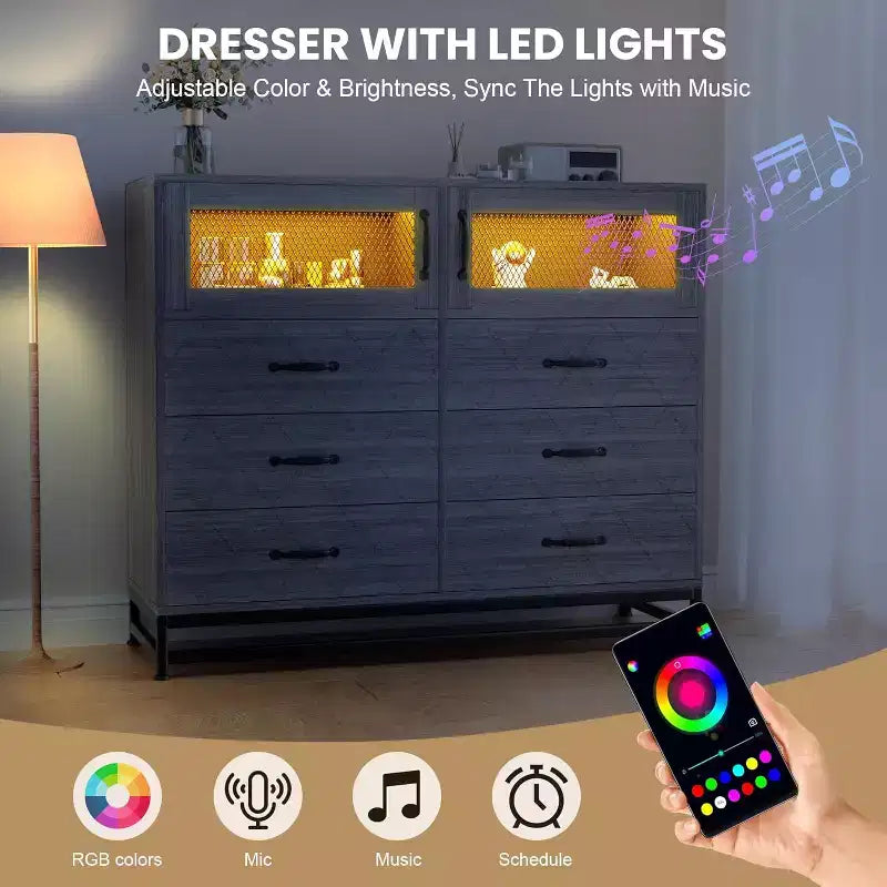 1 Comò a 6 cassetti con porte USB e luci RGB - Armadio a 2 ante per camera da letto/soggiorno