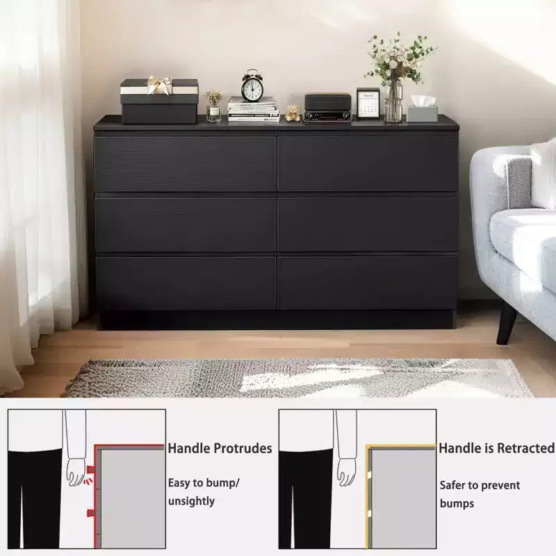 MAYEERTY Cassettiera Nera Moderna a 6 Cassetti con Ampio Piano d'Appoggio Maniglie Nascoste 6 Cassetti Profondi per Soggiorno Ingresso