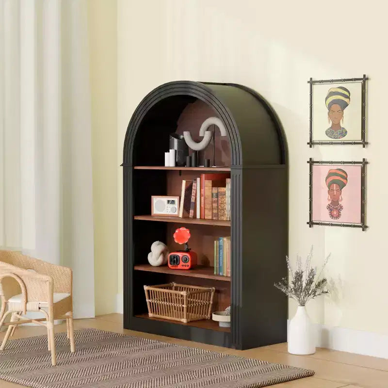 Vetrina ad Arco Antica, Credenza con 4 Ripiani, Mobile Contenitore Indipendente per Soggiorno, Corridoio e Ufficio, Nero