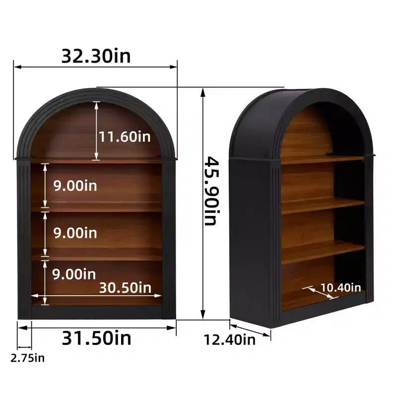 Vetrina ad Arco Antica, Credenza con 4 Ripiani, Mobile Contenitore Indipendente per Soggiorno, Corridoio e Ufficio, Nero