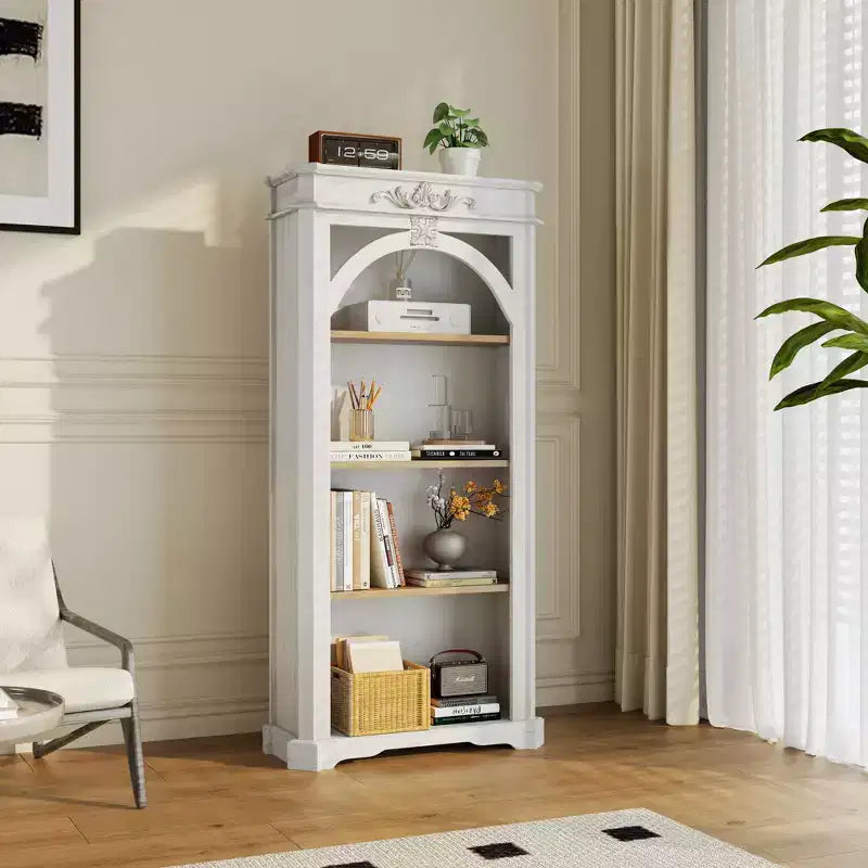 Vetrina Moderna Ad Arco, Mobile Contenitore con 4 Ripiani, Mobile Contenitore Indipendente per Soggiorno, Corridoio e Ufficio, Bianco