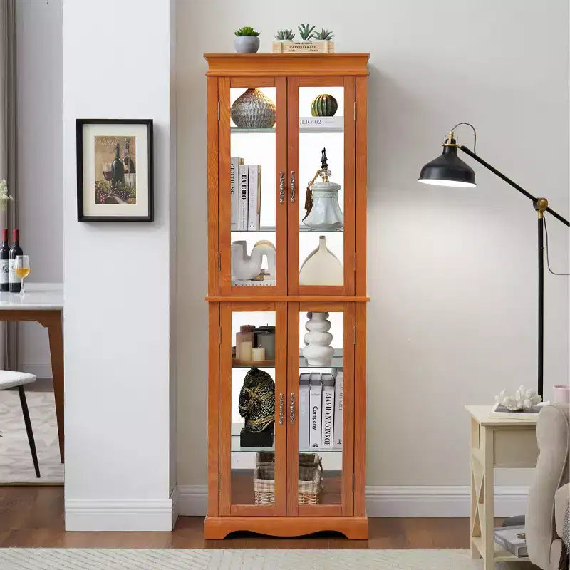 Vetrinetta illuminata con struttura in legno - Elegante mobiletto in vetro per vino, giocattoli e oggetti da collezione - Perfetto per soggiorno, cucina - ROVERE