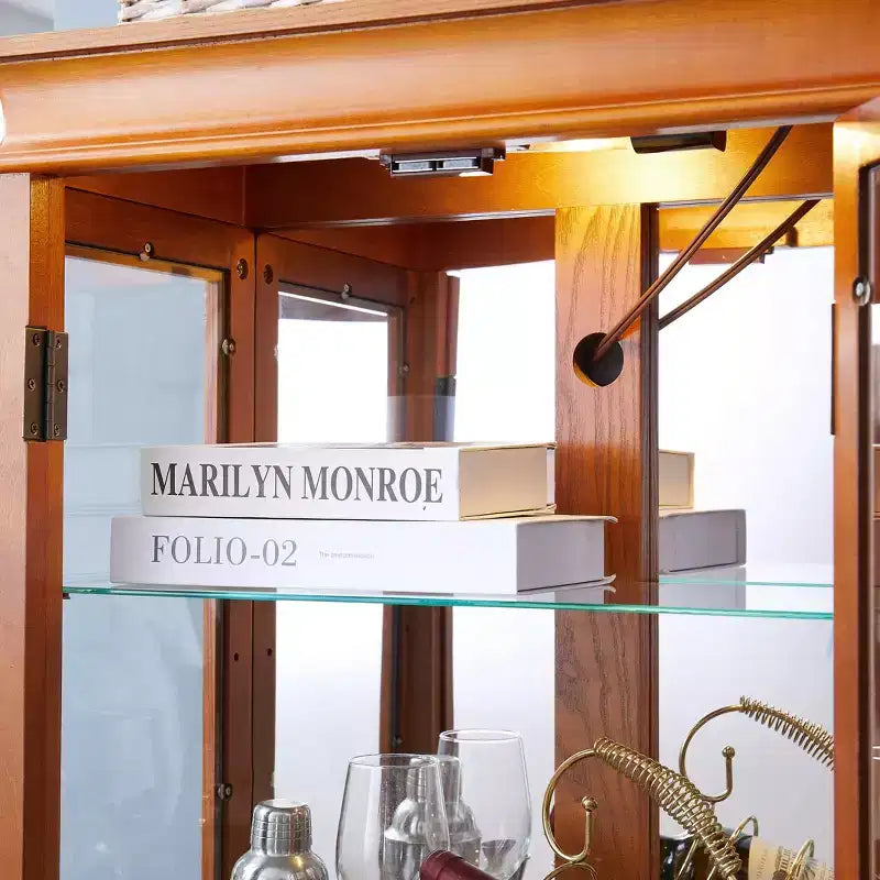 Vetrinetta illuminata con struttura in legno - Elegante mobiletto in vetro per vino, giocattoli e oggetti da collezione - Perfetto per soggiorno, cucina - ROVERE