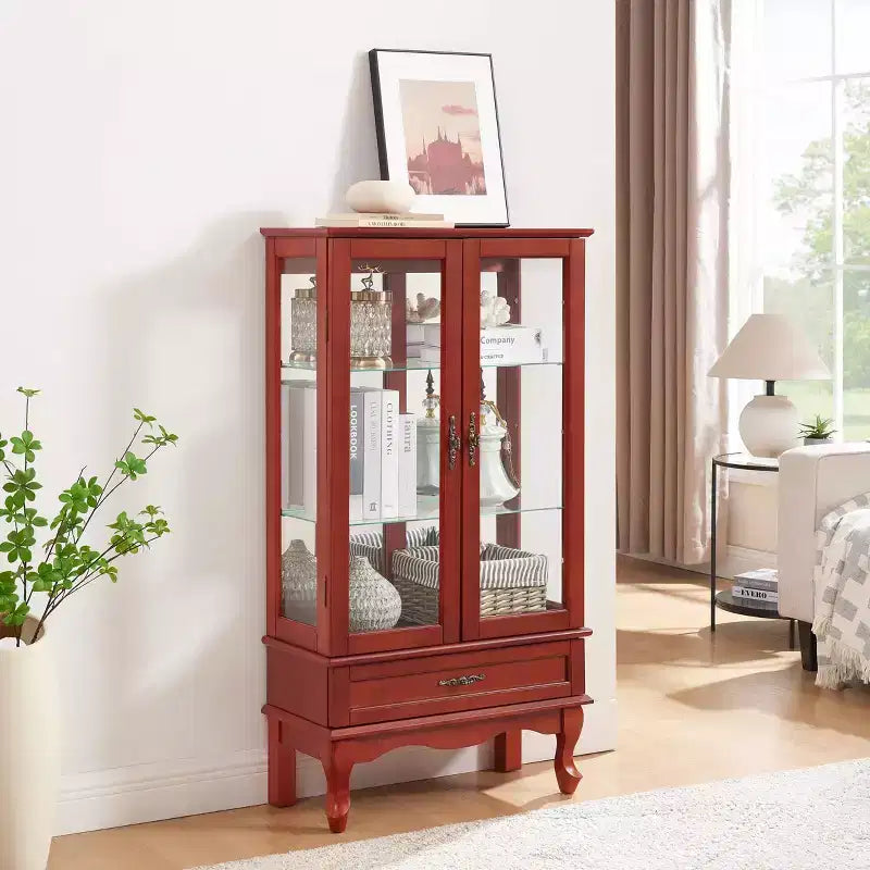 Vetrina ad Angolo Illuminata con Ante e Ripiani in Vetro Temperato - Elegante Mobile Espositivo Color Ciliegio con Lampadina per l'Arredamento di Soggiorno e Camera da Letto