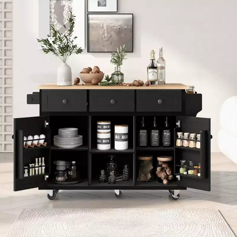 Credenza da Cucina con 5 Ruote, 2 Ante e Ripiani Interni, Mobile per Sala da Pranzo, Cucina