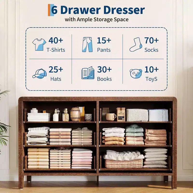 Cassettiera a 6 cassetti, organizer contenitore con robusta maniglia in metallo, porta TV per TV da 55 pollici, cassettiera per soggiorno, corridoio, armadio