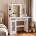 Dyonery white dressing table is equipped with a mirror and a desk lamp, and comes with a USB charging port. There are cabinets and drawers