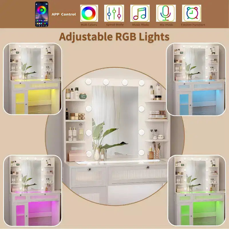 Toeletta bianca con specchio e lampada da tavolo, porta di ricarica USB, mobiletti e cassetti