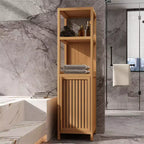 Tall Slim Storage Cabinet, Bamboo Bathroom Cabinet With Shutter Door And 3 Tier Shelves, Tower Corner Rack For Bathroom, Living Room, Kitchen Neutral
