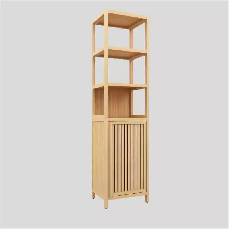 Mobiletto portaoggetti alto e sottile, mobiletto da bagno in bambù con anta a persiana e 3 ripiani, scaffale angolare a torre per bagno, soggiorno, cucina, neutro