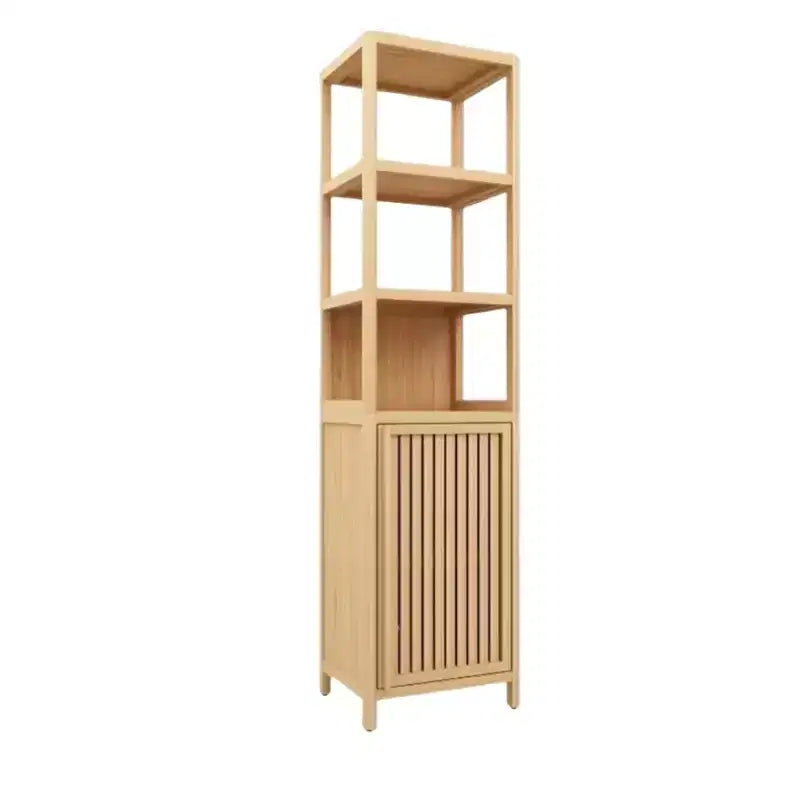 Mobiletto portaoggetti alto e sottile, mobiletto da bagno in bambù con anta a persiana e 3 ripiani, scaffale angolare a torre per bagno, soggiorno, cucina, neutro