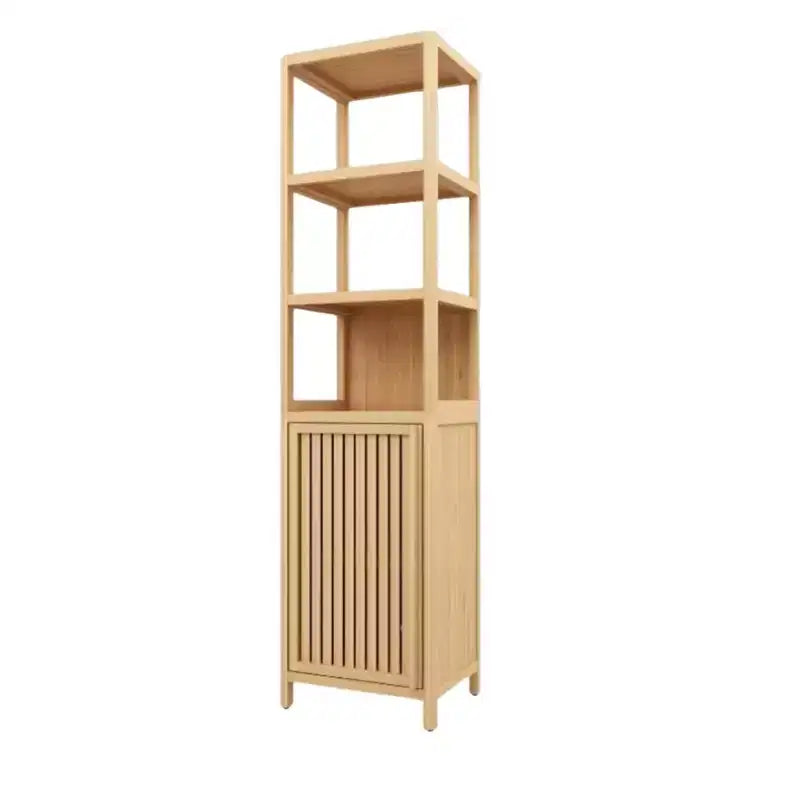 Mobiletto portaoggetti alto e sottile, mobiletto da bagno in bambù con anta a persiana e 3 ripiani, scaffale angolare a torre per bagno, soggiorno, cucina, neutro