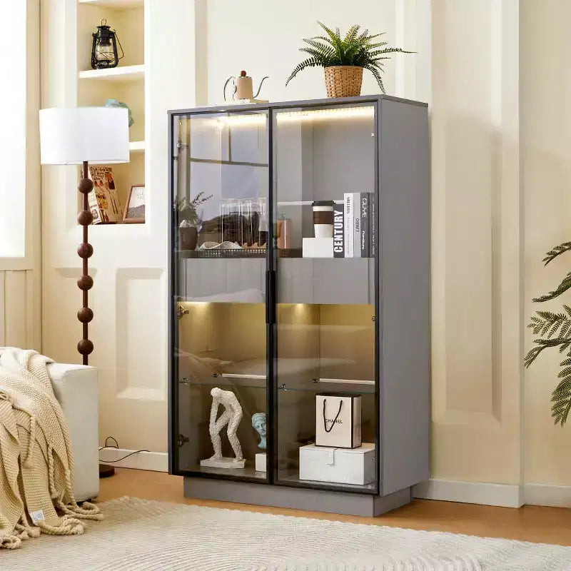 60.6 Tall Display Cabinet with Drawers and Glass Shelves, Modern Storage Unit with LED Lights For Living Room - Panipeachy