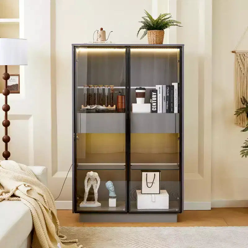 Vetrina espositiva alta 154 cm con cassetti e ripiani in vetro, mobile contenitore moderno con luci LED per soggiorno