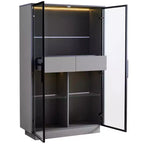 Vetrina espositiva alta 154 cm con cassetti e ripiani in vetro, mobile contenitore moderno con luci LED per soggiorno