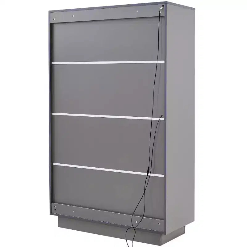 Vetrina espositiva alta 154 cm con cassetti e ripiani in vetro, mobile contenitore moderno con luci LED per soggiorno
