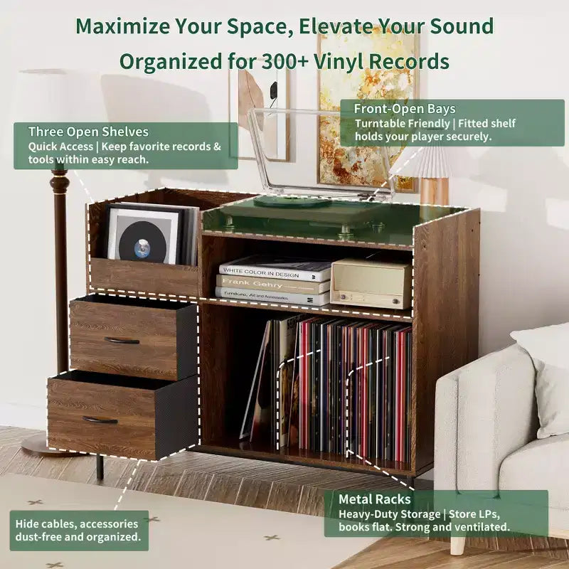 Portadischi in Stile Medievale Moderno con Cassetti - Contiene oltre 500 dischi, Mobile Audio Robusto in Legno e Metallo