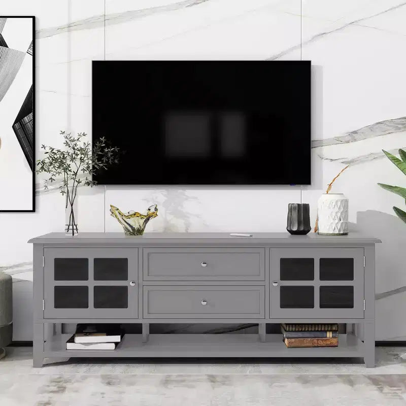Mobile TV moderno da 59" per TV fino a 60", consolle multimediale in MDF grigio con contenitore multifunzionale e ante magnetiche silenziose