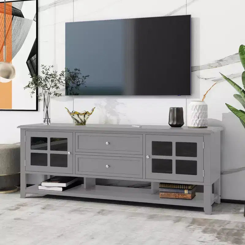 Mobile TV moderno da 59" per TV fino a 60", consolle multimediale in MDF grigio con contenitore multifunzionale e ante magnetiche silenziose
