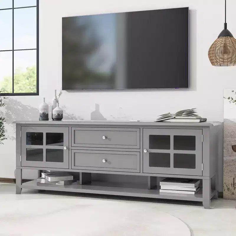 Mobile TV moderno da 59" per TV fino a 60", consolle multimediale in MDF grigio con contenitore multifunzionale e ante magnetiche silenziose