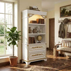 Famapy White Decorative Storage Cabinet with LED Spotlight  Ornate Gold Carvings for Living Room & Entryway