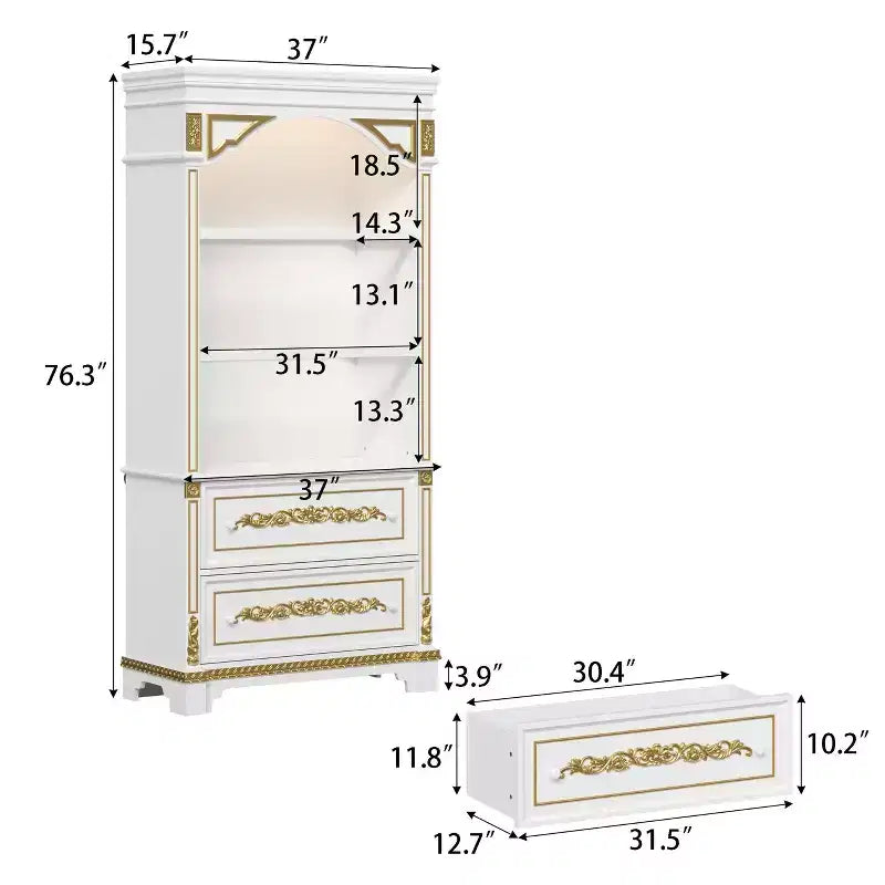 Armadietto decorativo bianco Famapy con faretto a LED e intagli dorati ornamentali per soggiorno e ingresso