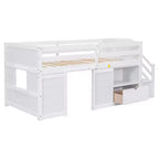 Letto a soppalco basso in legno massiccio, piazza e mezza, 94.6L x 42.3W, con scala, cassetto e mensola, design moderno e pulito