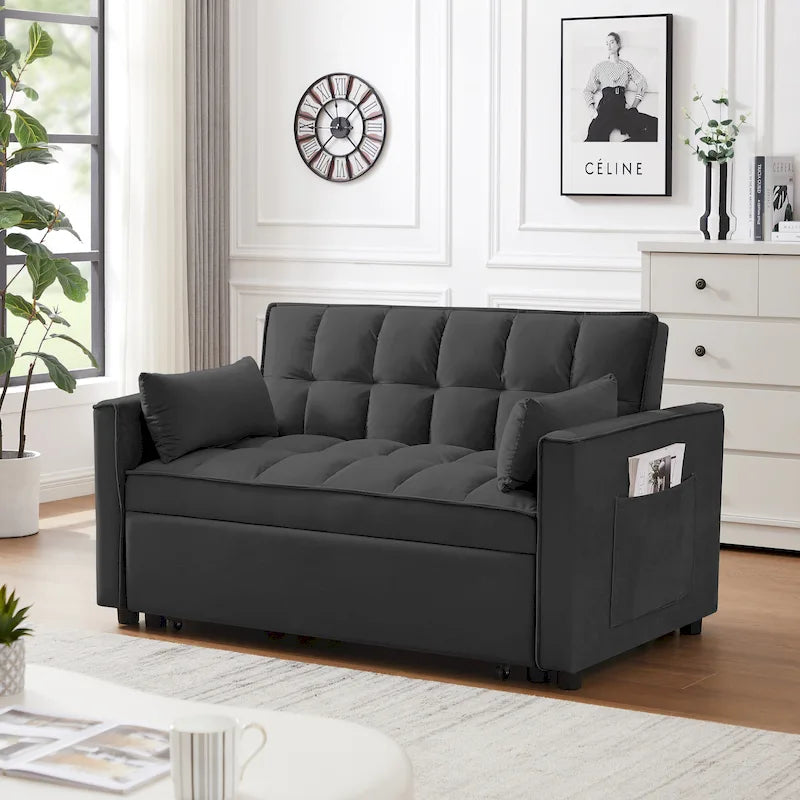 Divano Letto Estraibile Nero in Velluto 55.2 con Cuscini Decorativi e Tasche