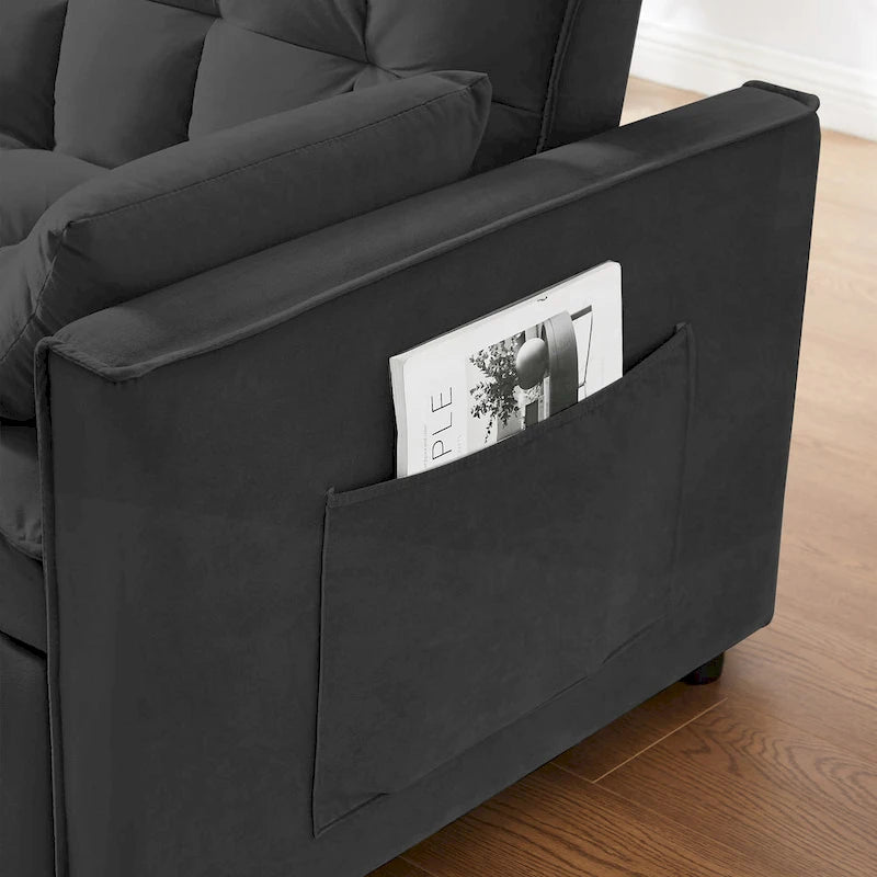 Divano Letto Estraibile Nero in Velluto 55.2 con Cuscini Decorativi e Tasche