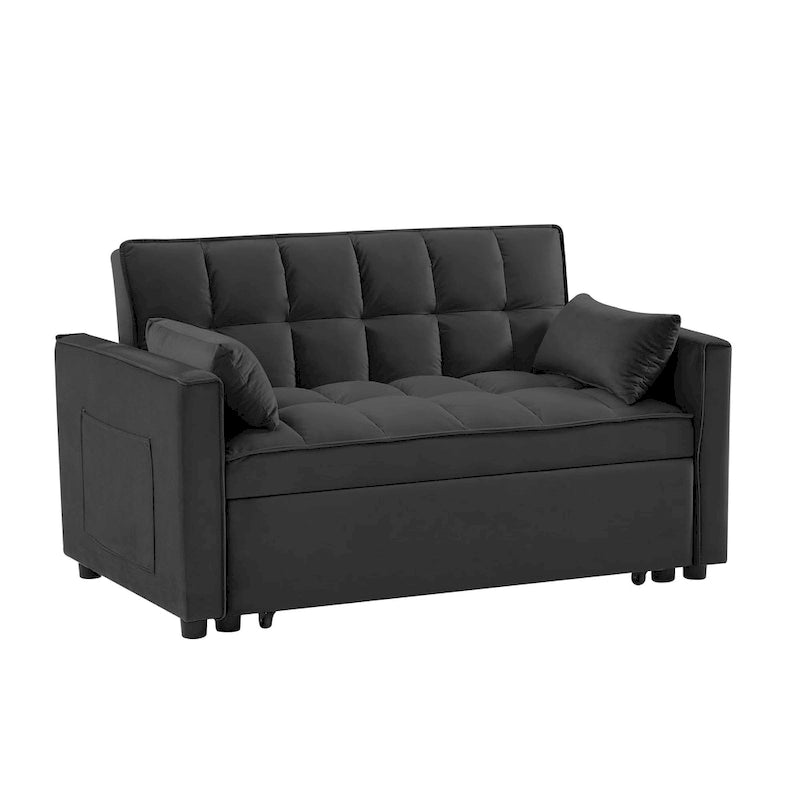 Divano Letto Estraibile Nero in Velluto 55.2 con Cuscini Decorativi e Tasche
