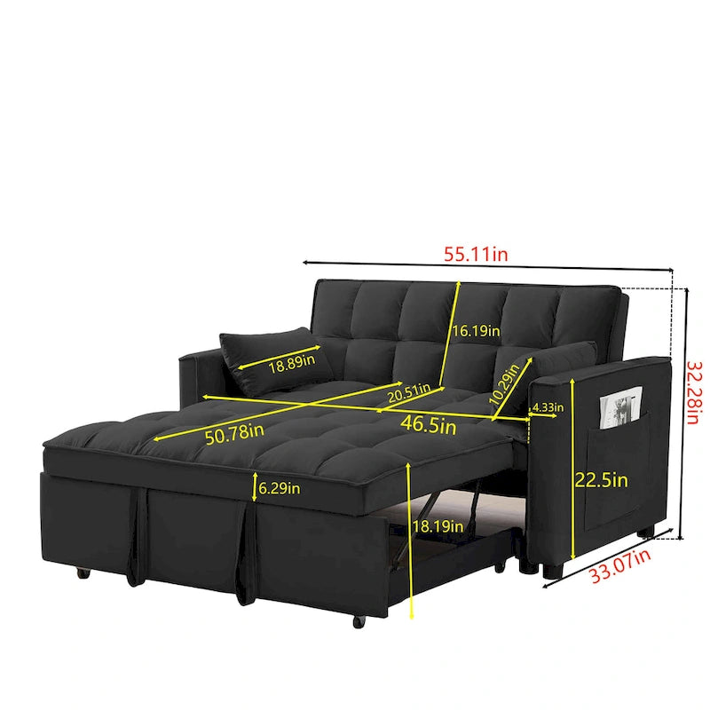 Divano Letto Estraibile Nero in Velluto 55.2 con Cuscini Decorativi e Tasche