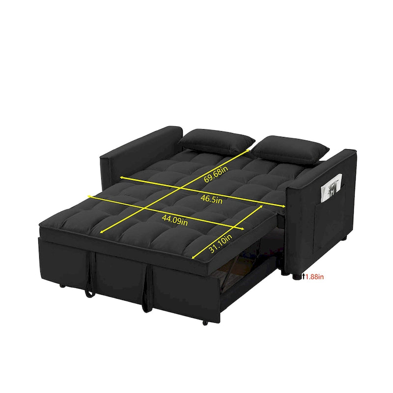 Divano Letto Estraibile Nero in Velluto 55.2 con Cuscini Decorativi e Tasche