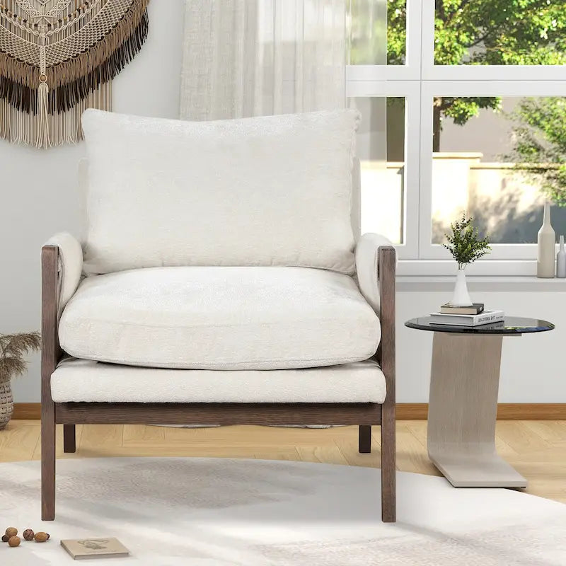 Poltroncina in velluto bianco da 90 cm con struttura in legno di gomma
