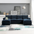 Divano Sezionale Trasformabile a U a 6 Posti in ciniglia Blu con Chaise Longue