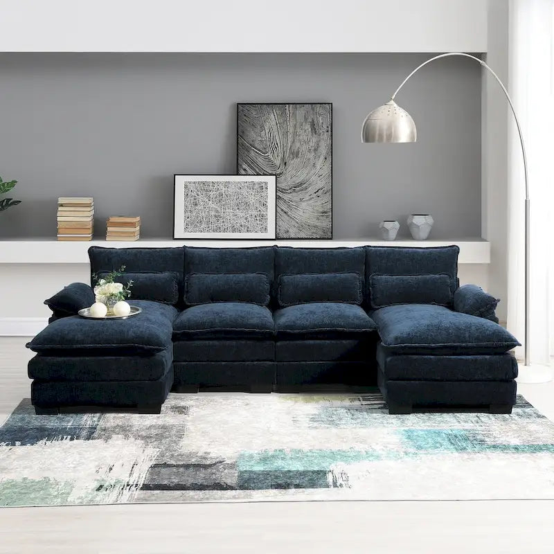 Divano Sezionale Trasformabile a U a 6 Posti in ciniglia Blu con Chaise Longue